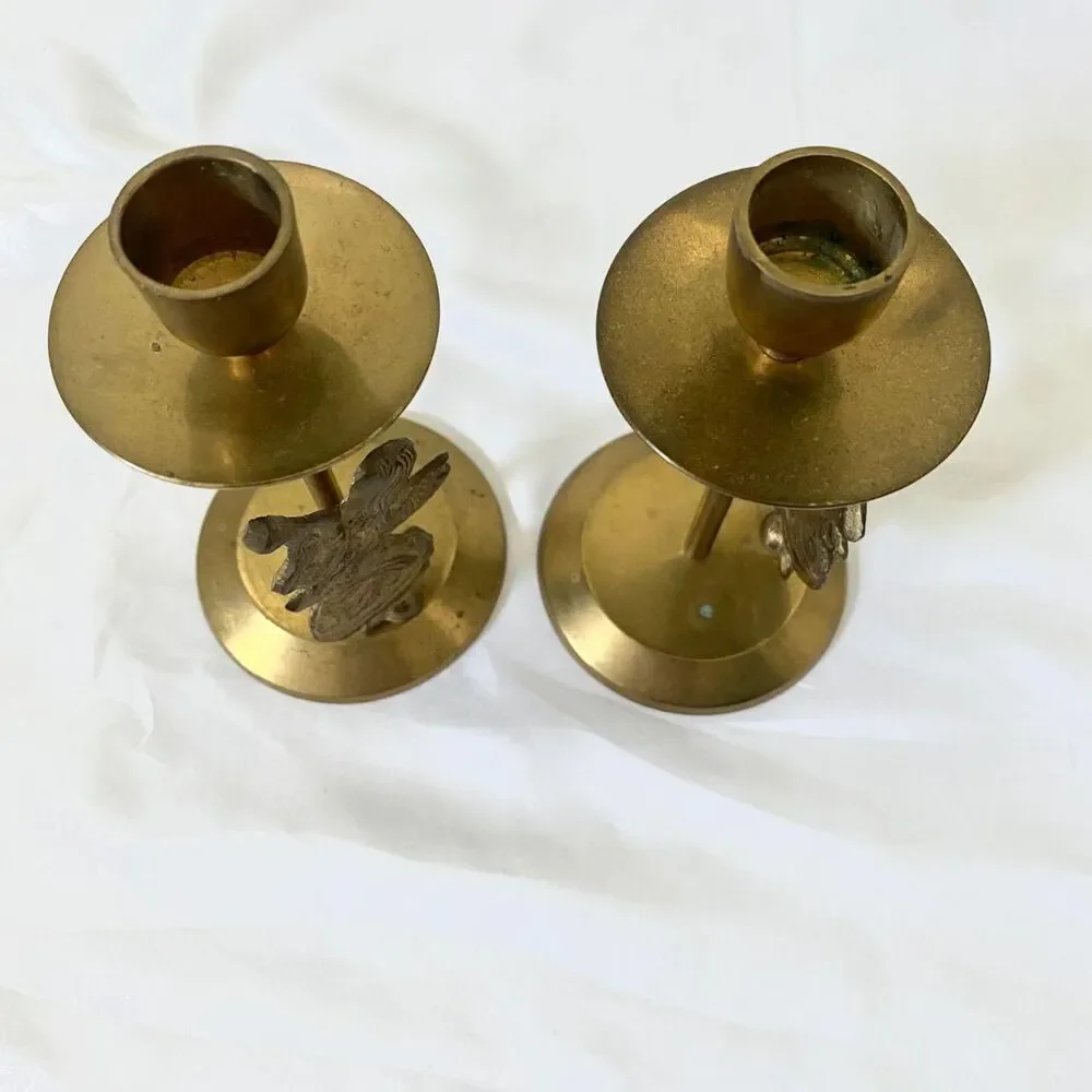 Set of 2 Vintage Gold Brass Nostalgic Trumpet Angel Candle Holders